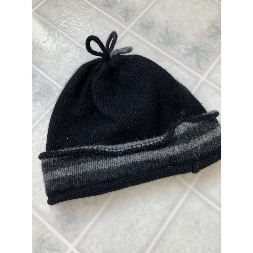 Ann Taylor Loft Wool Angora Blend Women's Beanie Hat OS Black with Gray Stripes